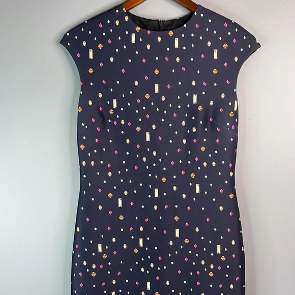 MARIO SERRANI Jewel Print Sleeveless Midi Dress Navy Blue Form Fitting Size 6 - Picture 3 of 11